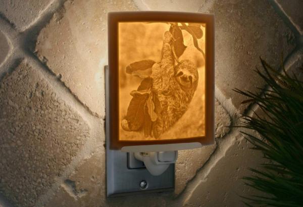 Night Light - Porcelain Lithophane "Sloth" animal, nursery, cute themed wall plug in accent lamp