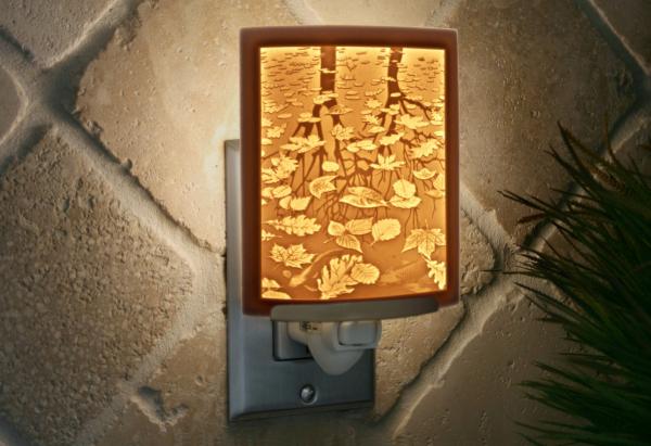 Night Light - Porcelain Lithophane "Still Reflections" Escher, nature, leaves, trees, lake themed wall plug in accent lamp picture