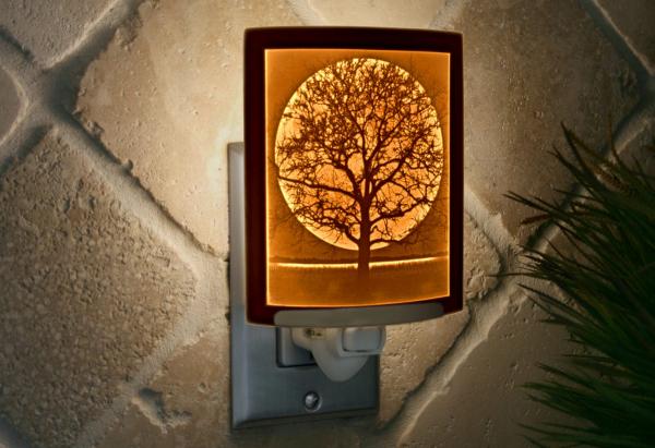 Night Light - Porcelain Lithophane  "Midnight Moon" mystical, moon, night time, tree themed wall plug in accent lamp picture