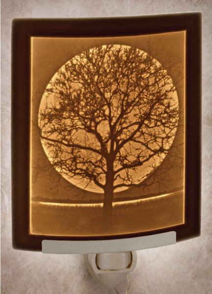 Night Light - Porcelain Lithophane  "Midnight Moon" mystical, moon, night time, tree themed wall plug in accent lamp picture