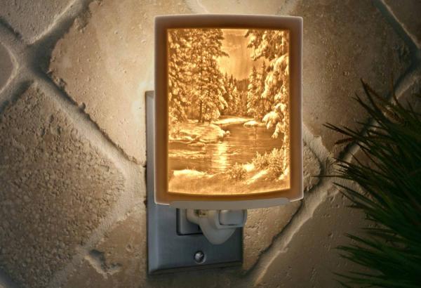 Night Light - Porcelain Lithophane "Winter Wonderland" nature and snow themed plug in accent light picture