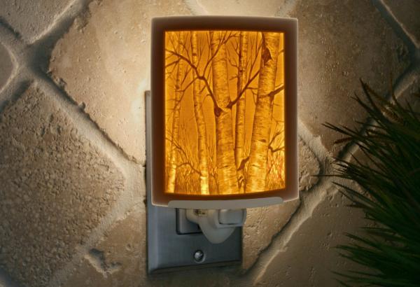 Tree Night Light - Porcelain Lithophane "Birch Trees" nature, tree, forest, woods themed wall plug in accent light picture