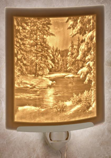 Night Light - Porcelain Lithophane "Winter Wonderland" nature and snow themed plug in accent light picture