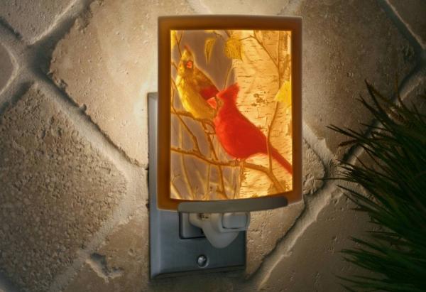 Night Light - Porcelain Lithophane "Cardinals Colored" bird, nature, Cardinal themed wall plug in accent light