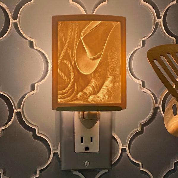 Cowboy Night Light - Porcelain  Lithophane "Call it a Day" Western, cowboy, ranch, hat, boots themed wall plug in accent lamp picture