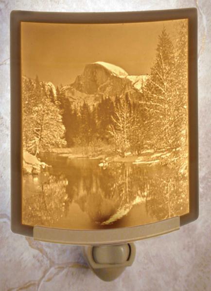 Night Light - Porcelain Lithophane Half Dome at Yosemite nature, mountain, El Capitan, forest, river themed wall plug in accent lamp picture