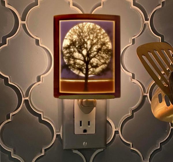 Night Light - Porcelain Lithophane  "Midnight Moon" Colored tree, moon, nightime nature moon themed wall plug in accent light picture