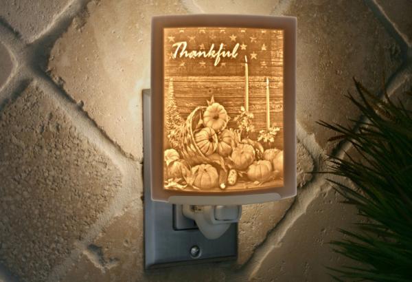 Night Light - Porcelain Lithophane "Cornucopia" Thanksgiving, Fall, Autumn, thankful, American themed plug in accent light picture