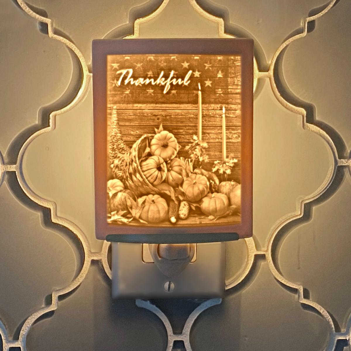 Night Light - Porcelain Lithophane "Cornucopia" Thanksgiving, Fall, Autumn, thankful, American themed plug in accent light picture