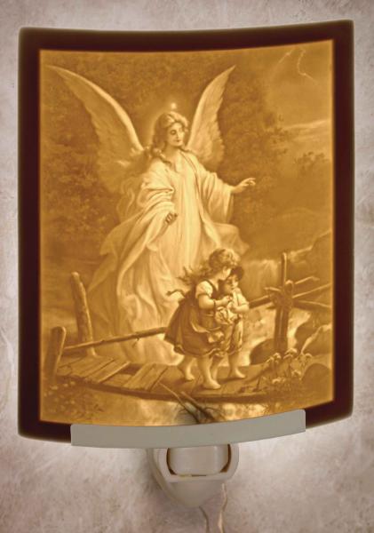 Night Light - Porcelain Lithophane "Angel at the Bridge" Guardian Angel, Christian, Catholic, nursery themed wall plug in accent light picture