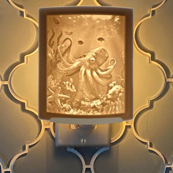 Night Light - Porcelain Lithophane "Octopus" sea life, ocean aquatic, nautical themed wall plug in light picture
