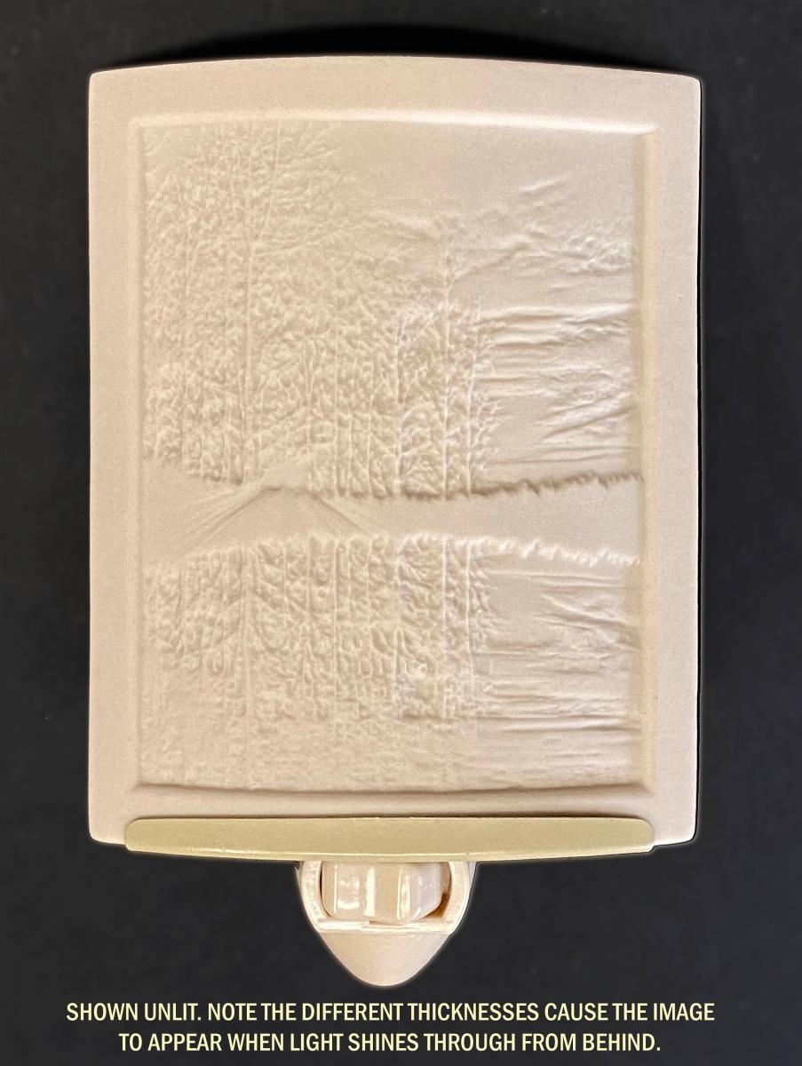 Night Light - Porcelain Lithophane "Lakeshore Sunset" colored lake, nature, tree, water, sunrise themed wall plug in accent lamp picture