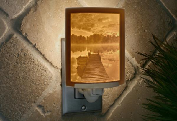 Night Light - Porcelain Lithophane "Pierside Morning" Lake Living plug in Night Light