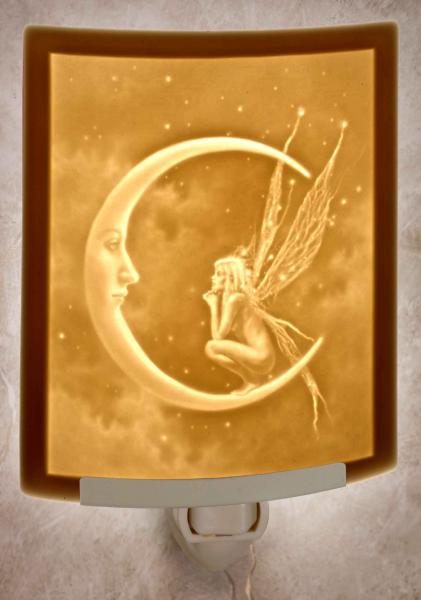Night Light - Porcelain Lithophane "Fairy Moon" fantasy, moon, fairy themed plug in accent light picture