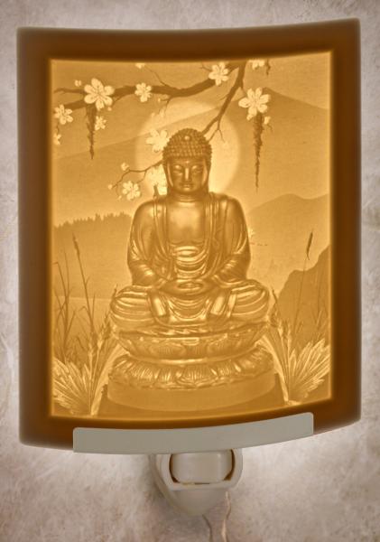 Night Light -  Porcelain Lithophane "Buddha" Asian, Buddhist, Zen, meditation themed wall plug in accent light picture