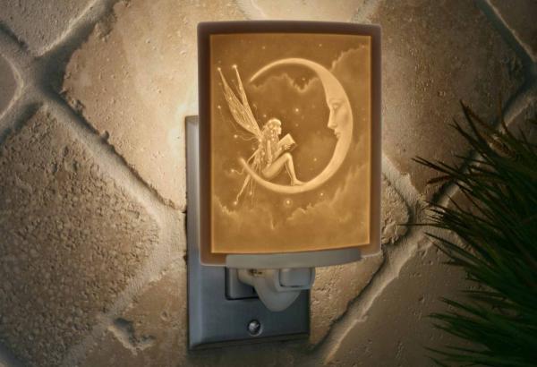 Night Light - Porcelain Lithophane "Story Fairy" fantasy, moon, fairy themed wall plug in accent light