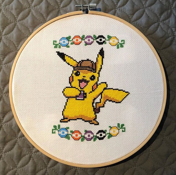 Detective Pikachu themed counted cross stitch kit picture