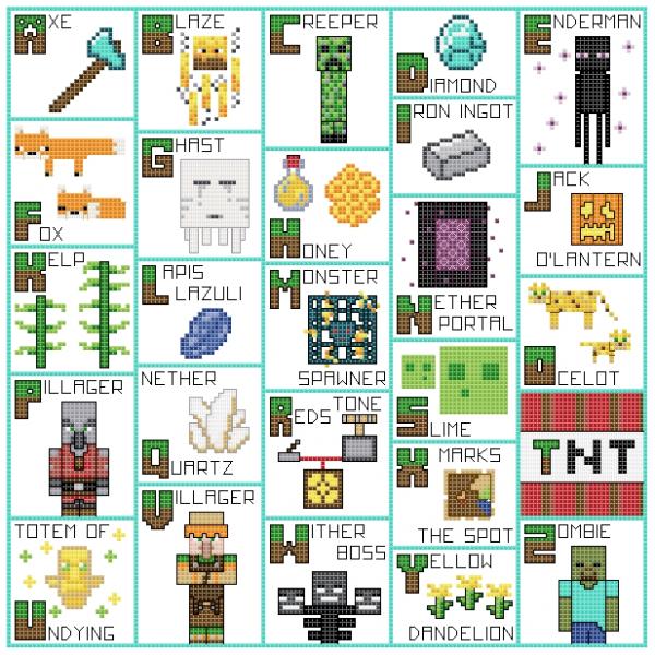 Minecraft Alphabet themed counted cross stitch kit picture