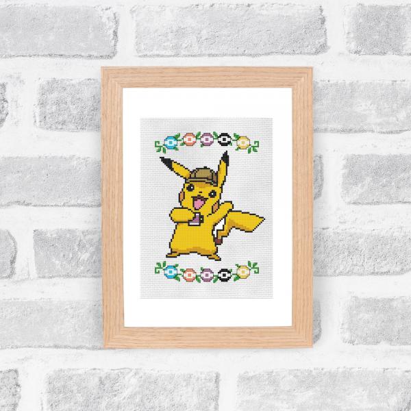 Detective Pikachu themed counted cross stitch kit picture