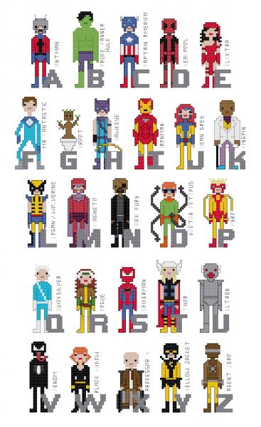 Marvel Alphabet themed counted cross stitch kit picture