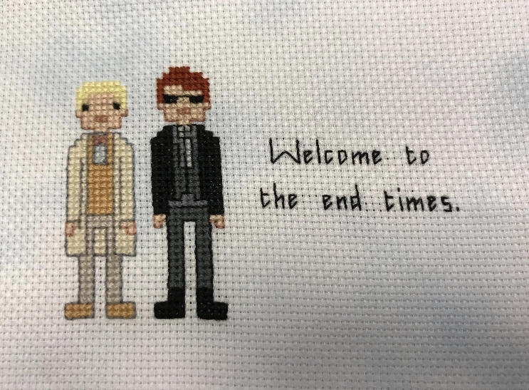 Good Omens themed counted cross stitch kit picture