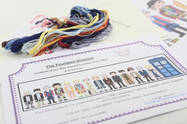 Fourteen Doctors themed counted cross stitch kit picture