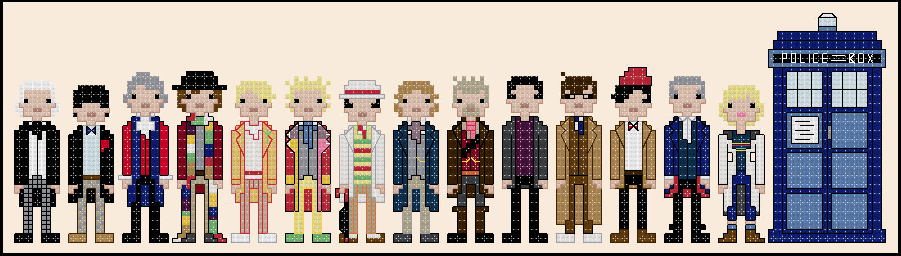 Fourteen Doctors themed counted cross stitch kit picture