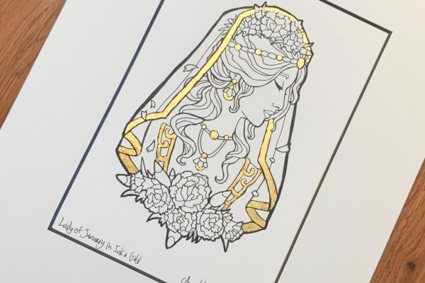 Original Drawing - Goddess of January in Ink and Gold