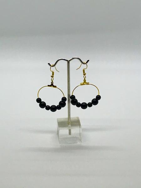 Gold Black Beaded Dangly Hoops picture