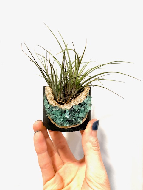 Black Geode Planter with Green Gemstones and Air Plant - Octagon