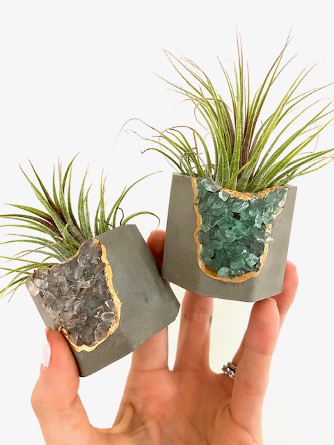 Green Gemstone Geode Concrete Planter with Air Plant - Octagon picture