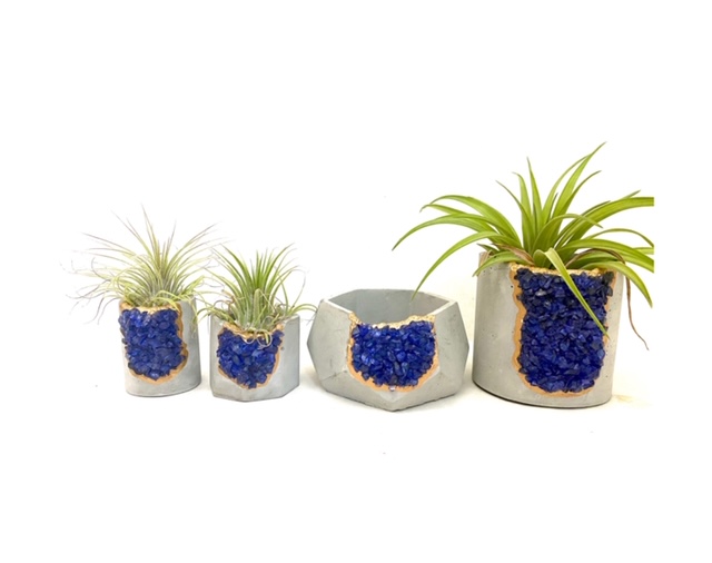 Blue Gemstone Geode Concrete Planter with Air Plant - Octagon picture