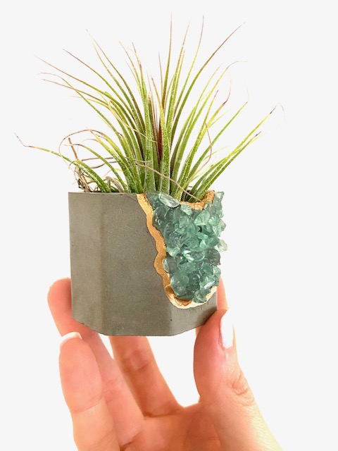 Green Gemstone Geode Concrete Planter with Air Plant - Octagon picture