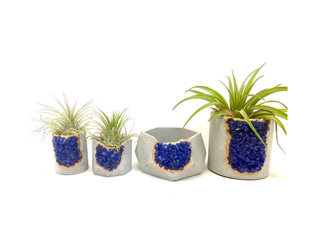 Blue Gemstone Geode Concrete Planter with Air Plant - Round picture