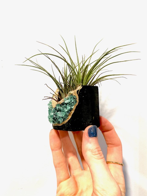 Black Geode Planter with Green Gemstones and Air Plant - Octagon picture