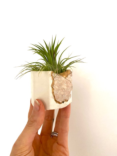 White Rose Quartz Crystal Geode Planter with Air Plant - Octagon picture