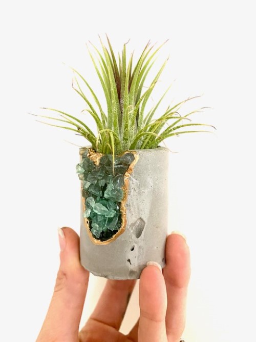 Green Gemstone Geode Concrete Planter with Air Plant - Round picture