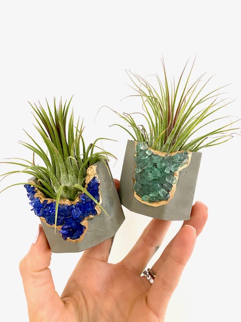 Green Gemstone Geode Concrete Planter with Air Plant - Octagon picture