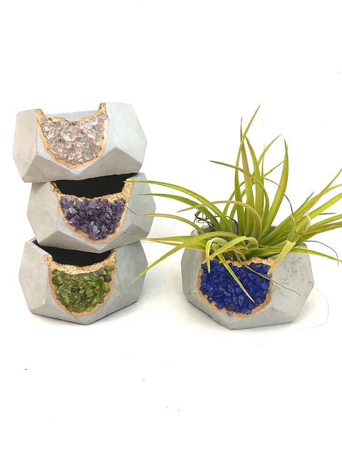 Amethyst Crystal Concrete Planter with Air Plant - Hexagon picture