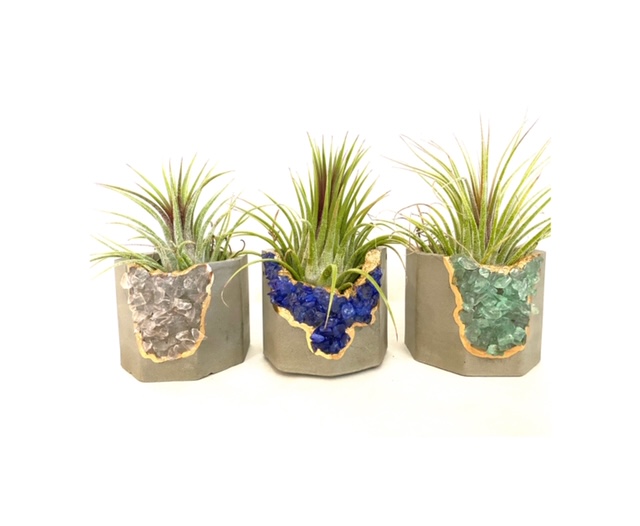 Blue Gemstone Geode Concrete Planter with Air Plant - Octagon picture
