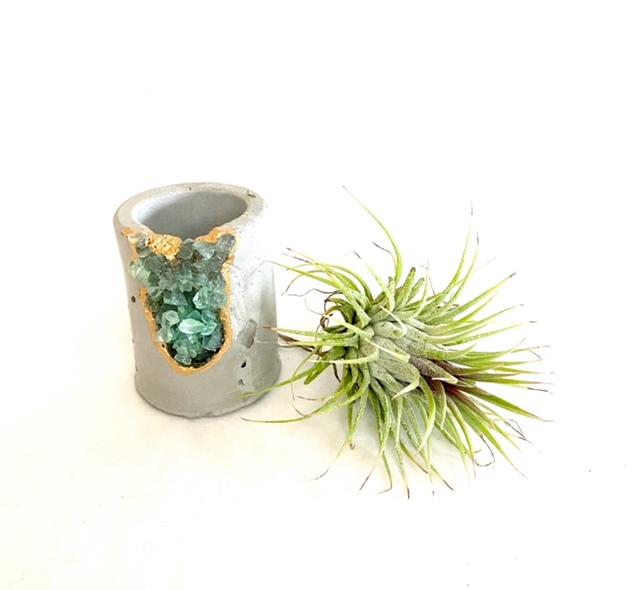 Green Gemstone Geode Concrete Planter with Air Plant - Round picture