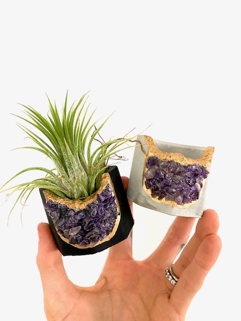 Black Amethyst Crystal Geode Planter with Air Plant - Octagon picture