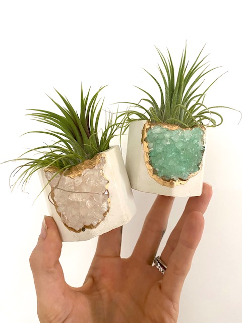 White Geode Planter with Green Gemstones and Air Plant - Octagon picture