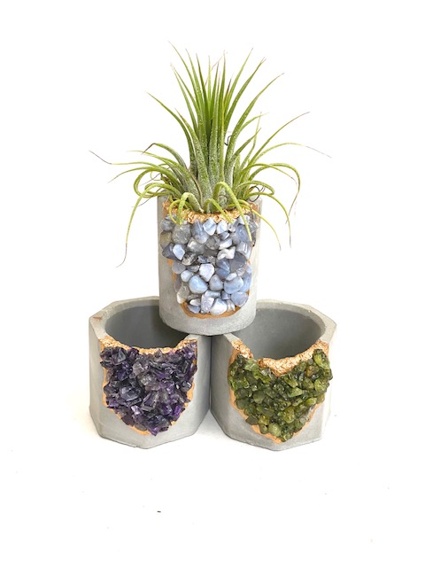 Blue Lace Agate Crystal Geode Concrete Planter with Air Plant - Round picture
