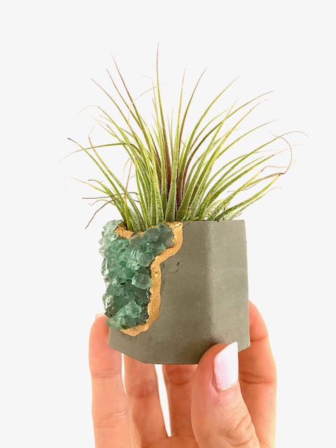 Green Gemstone Geode Concrete Planter with Air Plant - Octagon picture