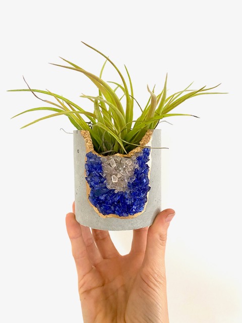 Large Round Crystal Concrete Planter with Blue Gemstones and Rose Quartz Crystals with Air Plant picture