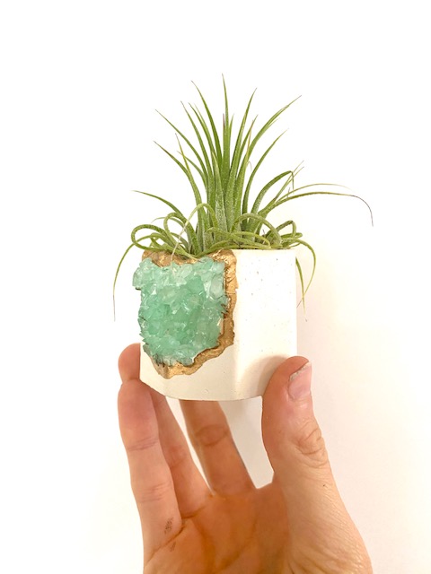 White Geode Planter with Green Gemstones and Air Plant - Octagon picture