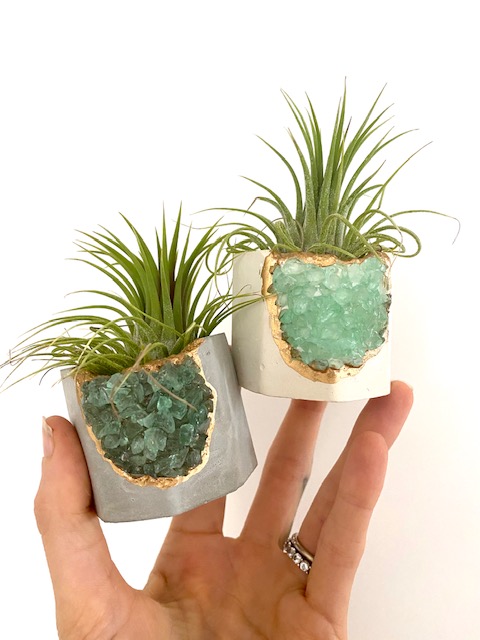 White Geode Planter with Green Gemstones and Air Plant - Octagon picture