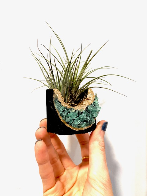 Black Geode Planter with Green Gemstones and Air Plant - Octagon picture