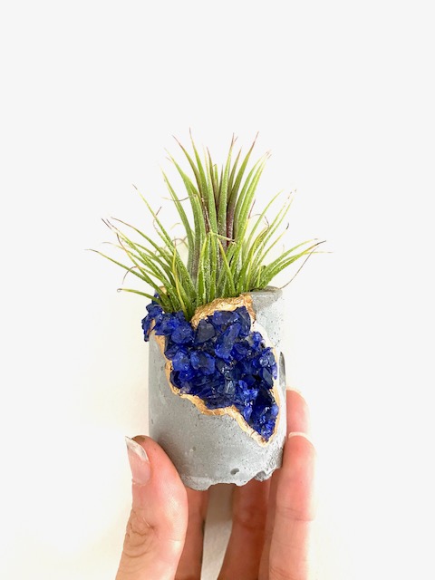 Blue Gemstone Geode Concrete Planter with Air Plant - Round picture